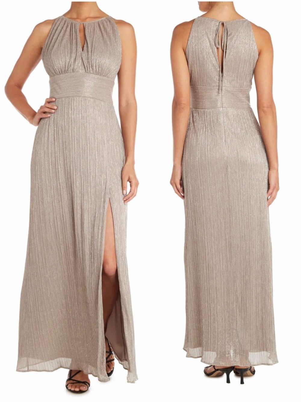 R & M Richards Metallic Halterneck Gown with Thigh Slit